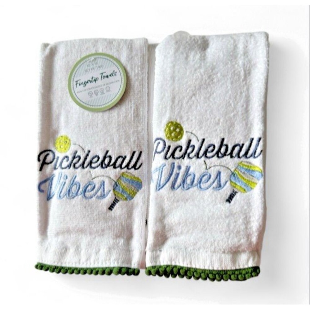 Pickleball Vibes Fingertip Towels Set of 2 Embellished Embroidered Pom-Pom Trim